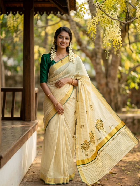 Southloom Kerala Tissue Kasavu Lines Saree with Kanikonna Floral Embroidery Designs on Body