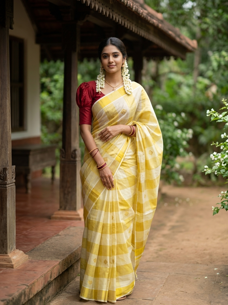 Kerala Tissue Kasavu Stripes Saree with Golden Floral Embroidery Designs on Body and Pallu