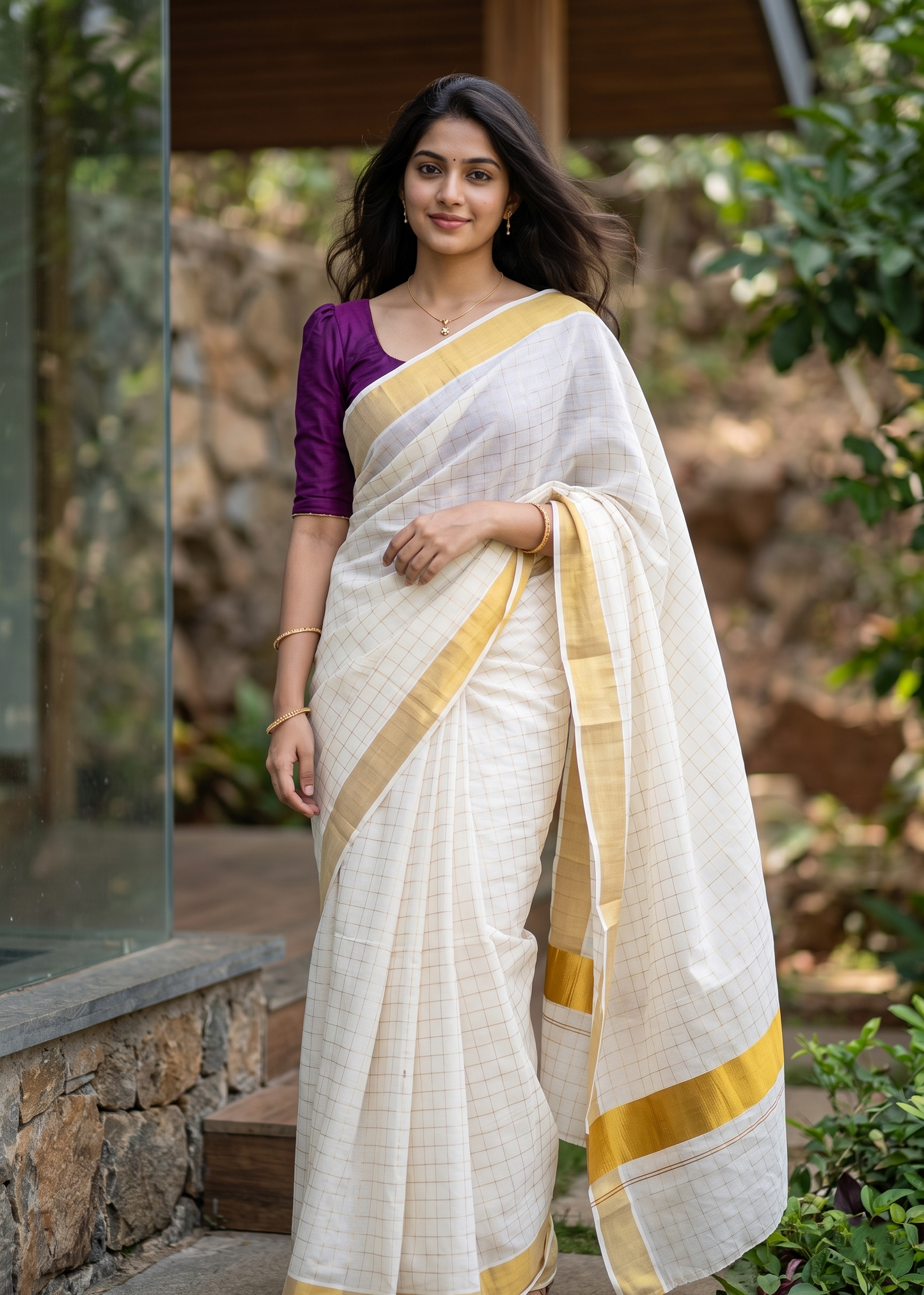 Southloom Kerala Cotton Kasavu Saree With Check Design On Body