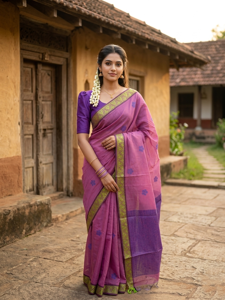 Southloom Kerala Cotton Saree with Floral Woven Works Across Body in Magenta