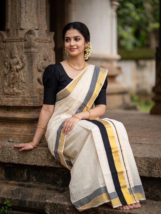 Kerala Cotton Set Mundu (Mundum Neriyathum) with Black and Kasavu Border 2.80 Mtrs SLKK SL504