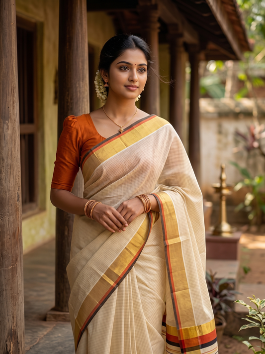 Southloom Kerala Cotton Kasavu Saree with Micro Check on Body In Orange And Brown Border SL347