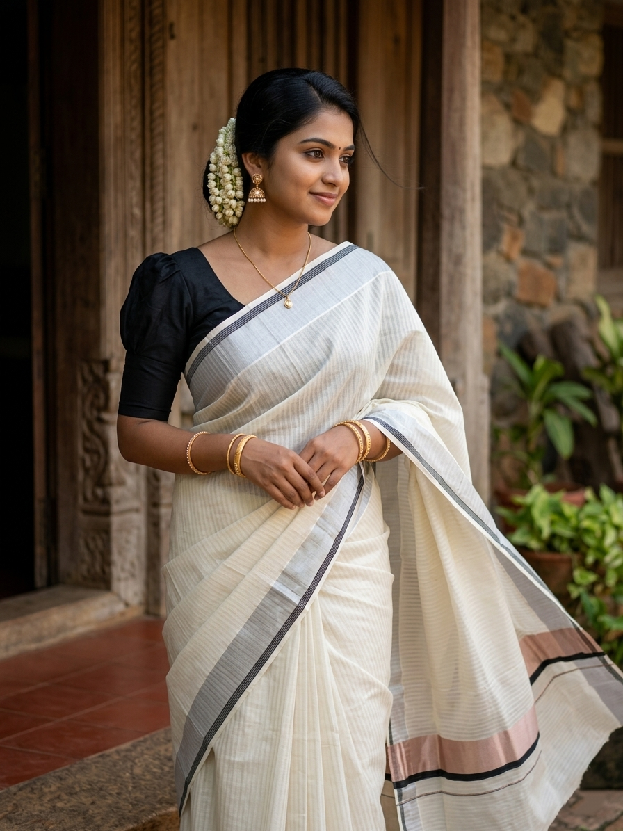Pure Cotton Kerala Silver Kasavu Lines Saree with 3 inch Black and Silver Border