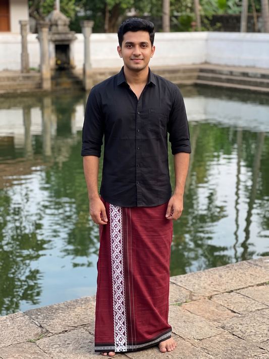 Southloom Maroon Printed Single Mundu / Otta Mundu / Lungi (South Indian Kerala Dhoti)