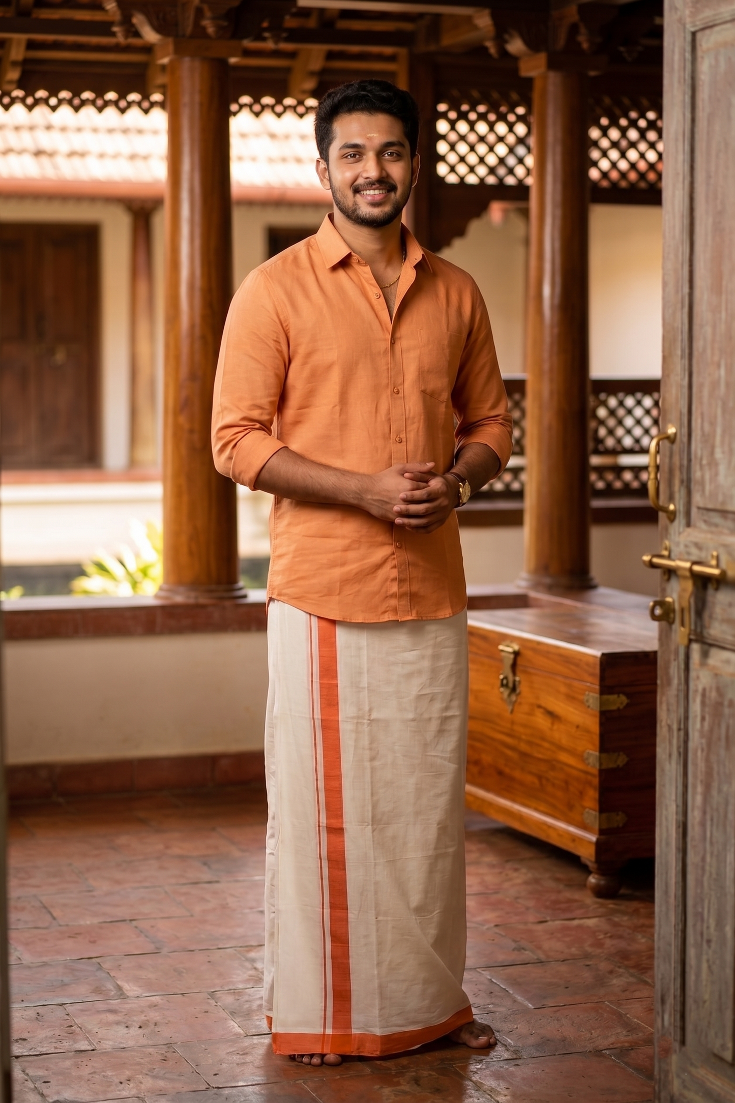 Premium Balaramapuram Handloom Unakkupaavu Cotton Double Mundu with Orange Border