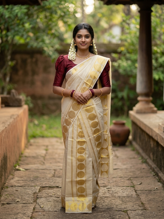 Kerala Tissue Single Set Mundu (Mundum Neriyathum) with Gold Big Polka Design 2.80 Mtrs SL402