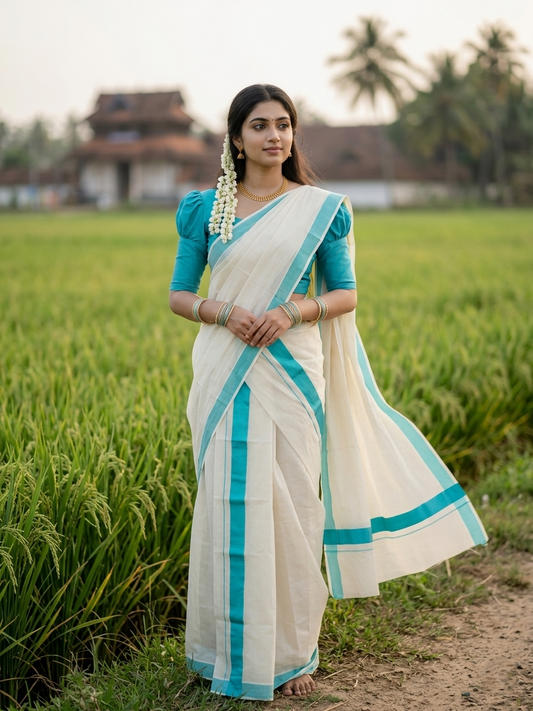 Southloom Pure Cotton Kerala Single Mulloth Set Mundu (Mundum Neriyathum) Turquoise Border in 2.80 mtrs SL270