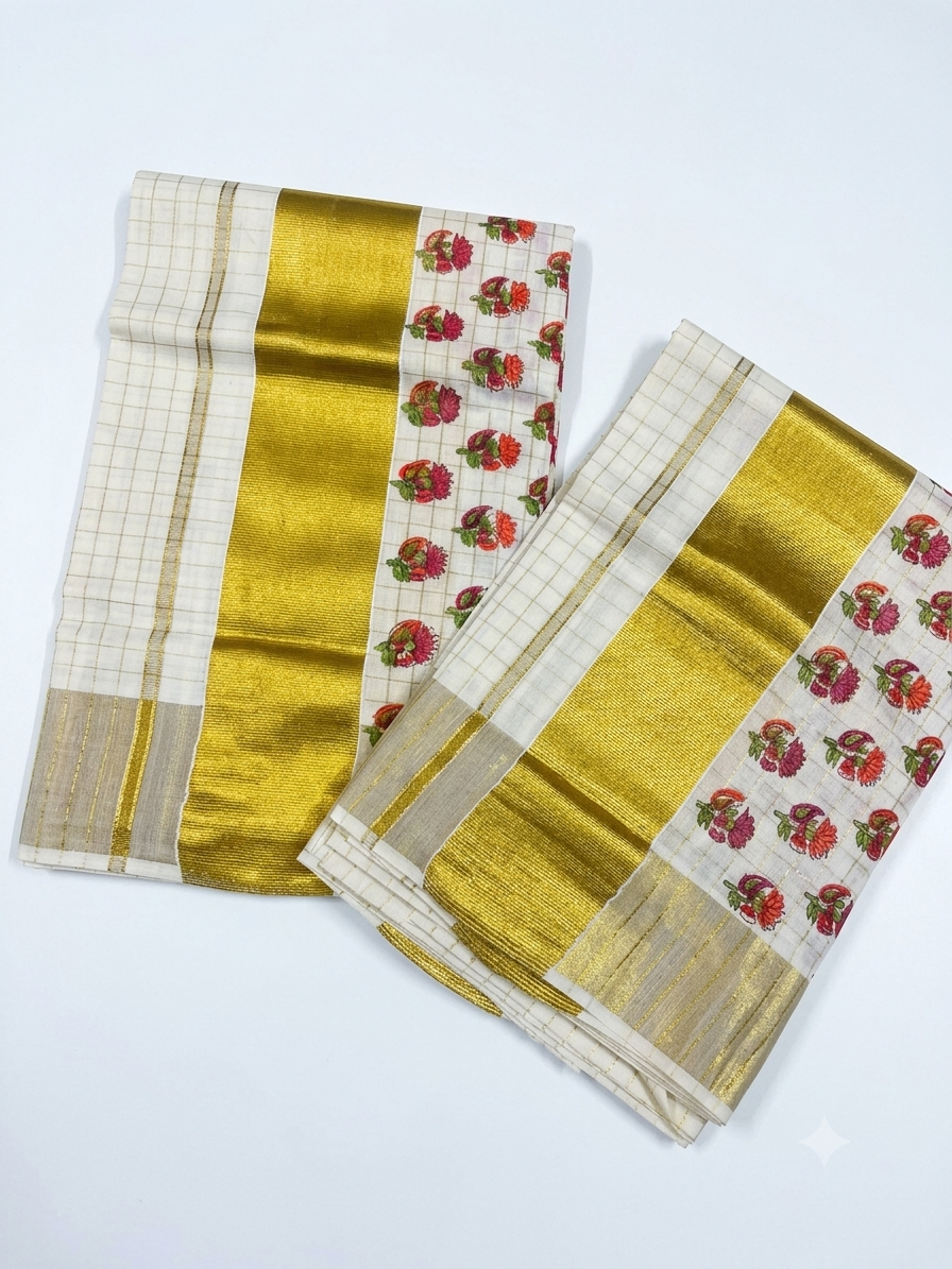 Southloom Kerala Check Pure Cotton Set Mundu with Gold Kasavu And Block Prints Across Body SL563