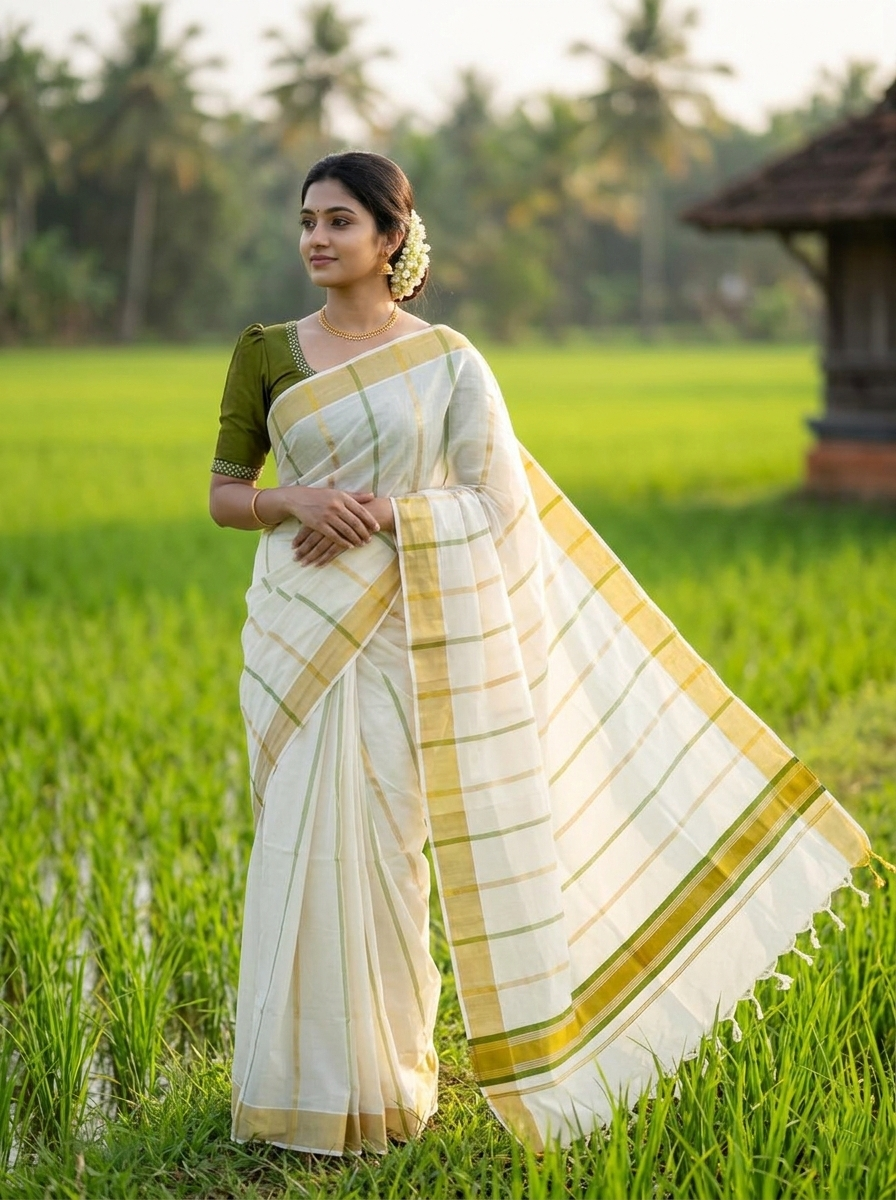 Southloom Kerala Cotton Kasavu Saree with Gold And Olive Green Lines on Body