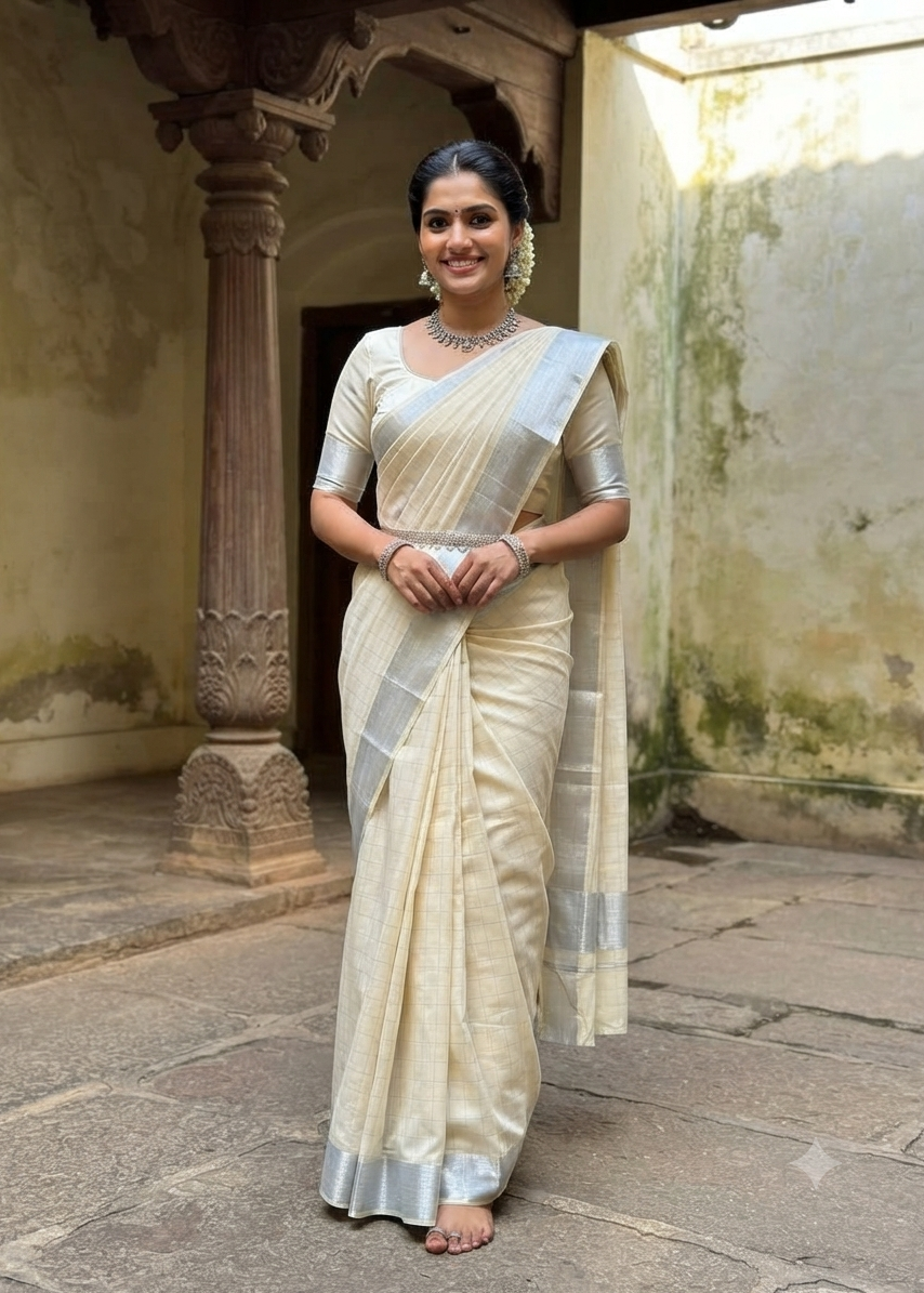 Southloom Kerala Cotton Saree With Check Designs On The Body And Silver Kasavu On Borders