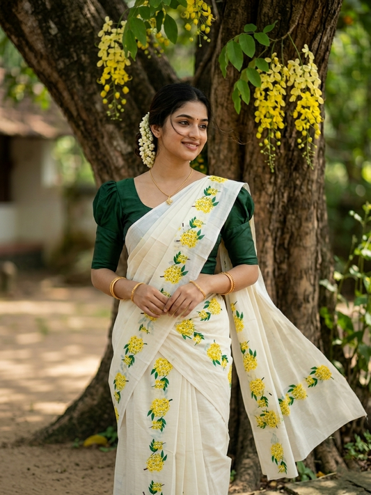 Southloom Pure Cotton Kerala Single Set Mundu (Mundum Neriyathum) with Kanikonna Print 2.80 Mtrs SL285