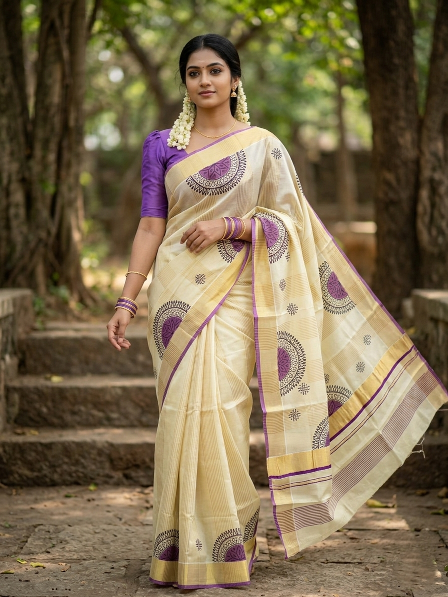 Southloom Tissue Kerala Kasavu Saree with Block Print on Body and Borders in Purple