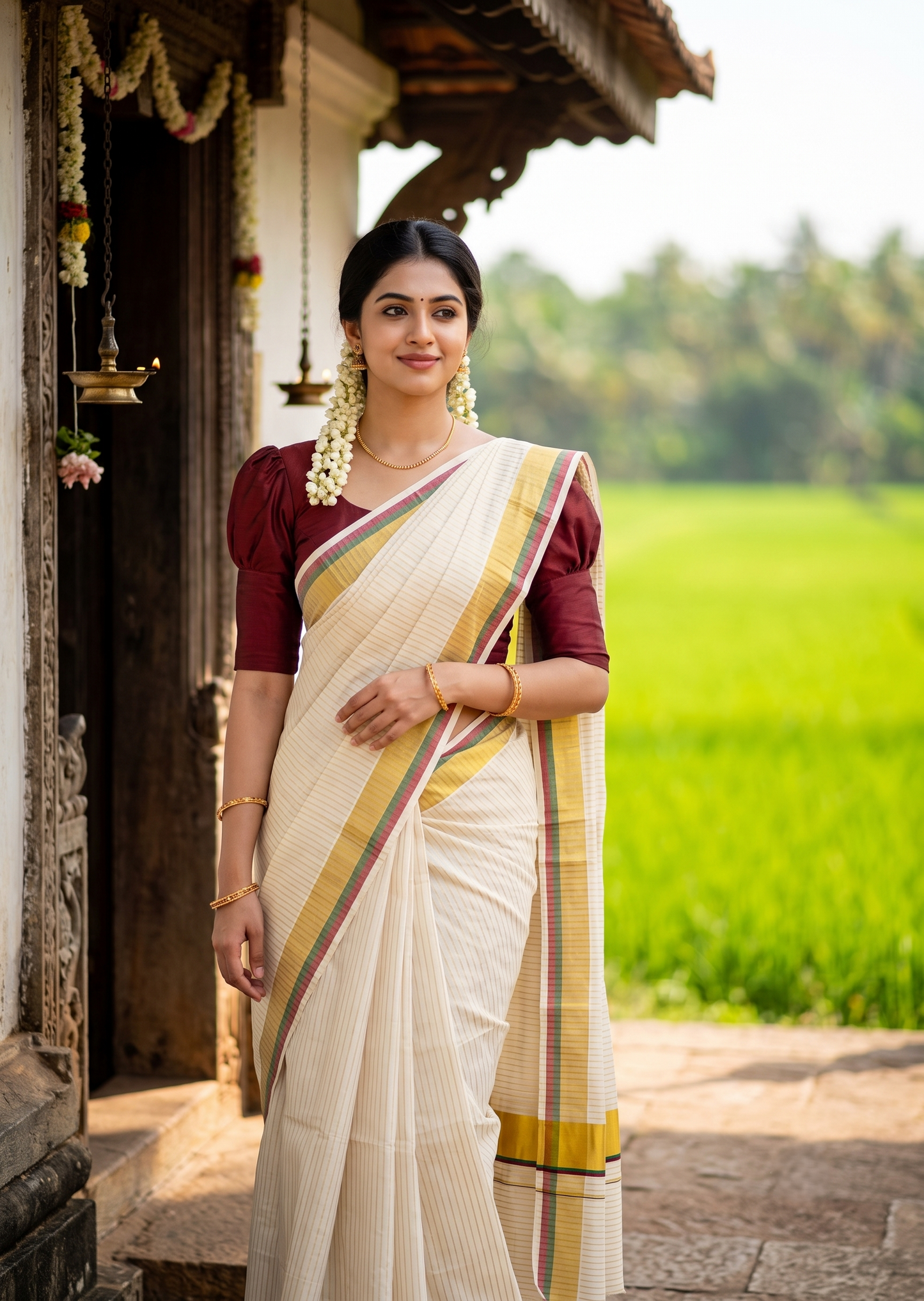 Southloom Kerala Cotton Kasavu Saree with Stripes on Body In Maroon & Green Border SL505