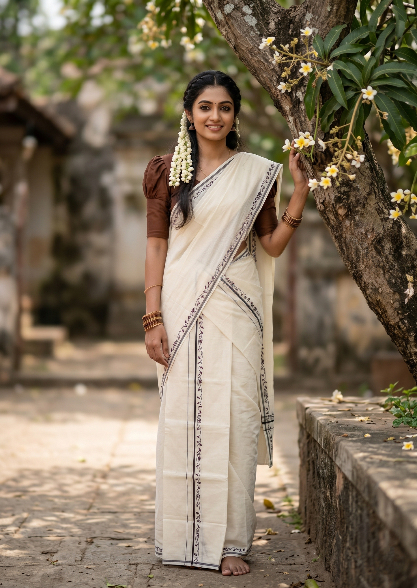 Southloom Pure Cotton Kerala Single Set Mundu (Mundum Neriyathum) with Digital Prints in Brown 2.80 Mtrs SL359