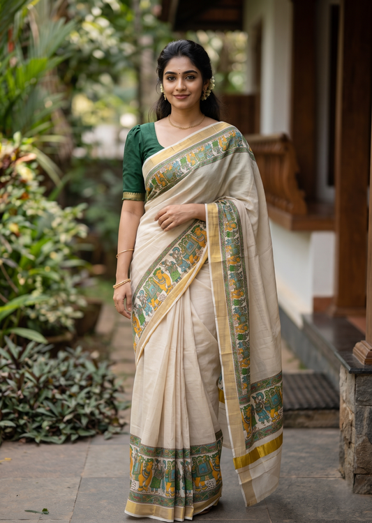 Southloom Kerala Tissue Kasavu Saree With Mural Digital Print Works on Border