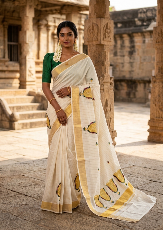 Southloom Cotton Kerala Kasavu Saree with Nettipattam Embroidery Designs on Body SL594