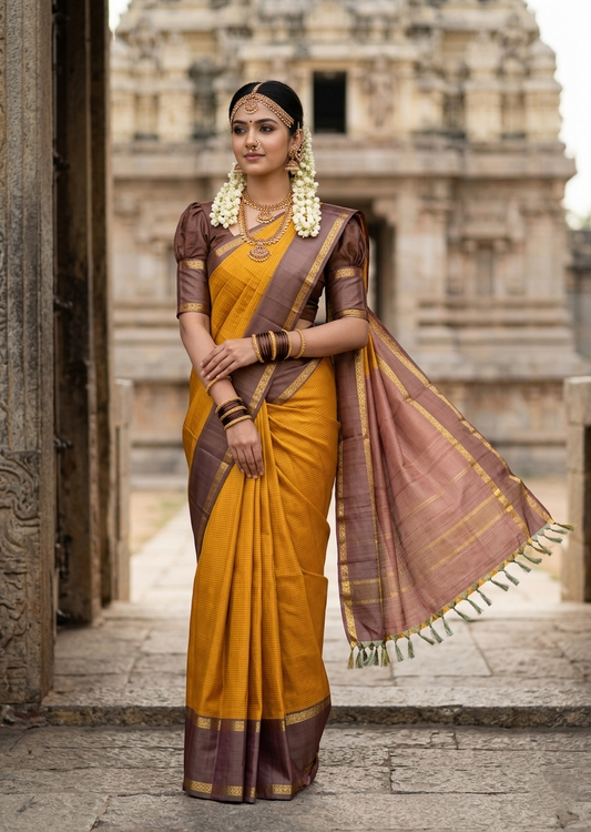 Southloom Pure Handloom Bridal Kanchipuram Silk Saree with Korvai Work (Yellow)