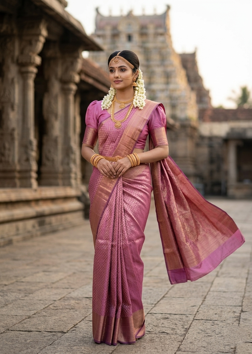 Southloom Premium Semi Silk Zari Work Bridal Brocade Saree in Pink with Matching Pallu