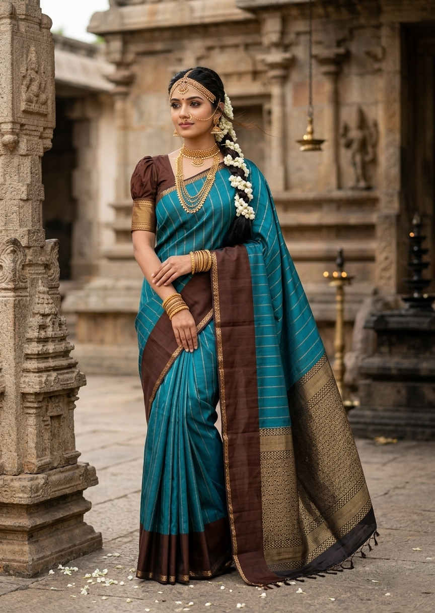 Southloom Pure Handloom Kanchipuram Silk Saree with Butta Work (Blue & Brown)