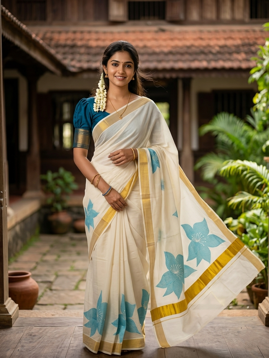 Southloom Exclusive Onam Kasavu Saree with Blue Floral Print Across Body in High Quality (Matching Printed Blouse Included)
