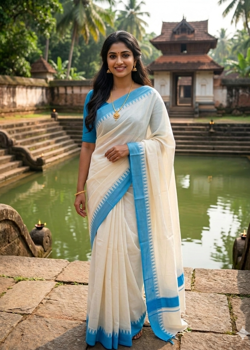 Kerala Cotton Blue Colour Temple Border Saree SL152