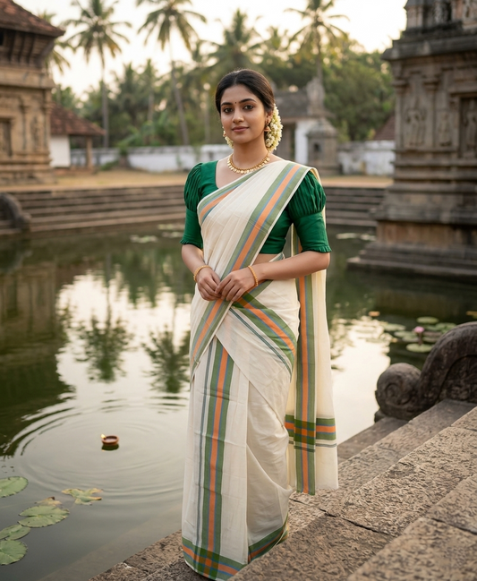 Southloom Pure Cotton Kerala Single Mulloth Set Mundu (Mundum Neriyathum) Orange & Green Border in 2.50 mtrs SL243