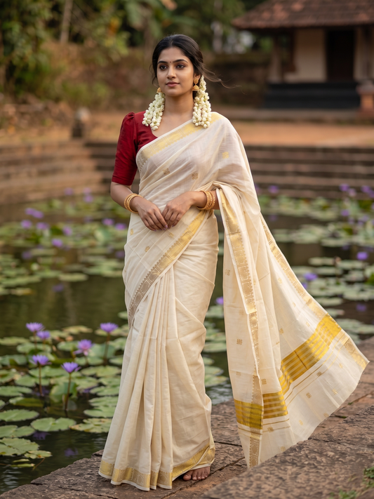 Southloom  Kerala Tissue Kasavu Butta Work Saree on Body