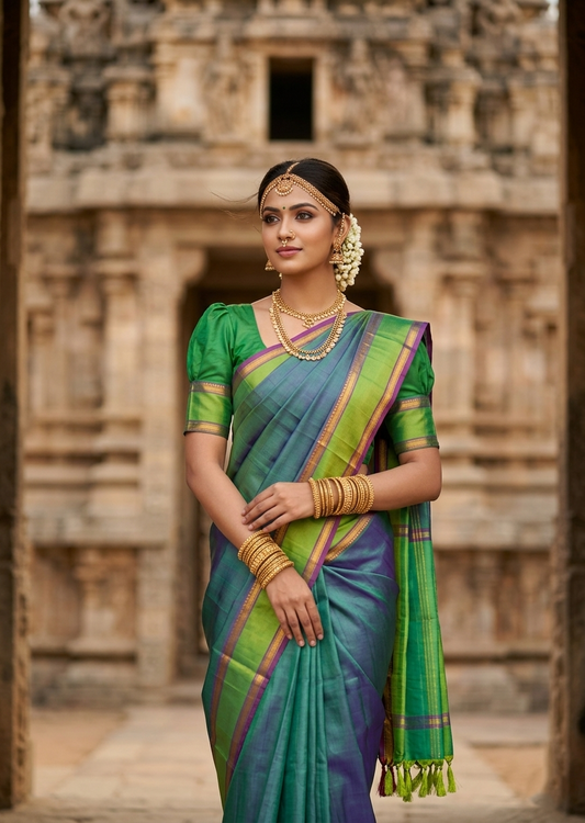 Southloom Pure Handloom Bridal Kanchipuram Silk Saree with Korvai Work (Blue & Green)