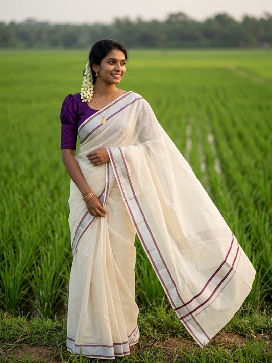 Pure Cotton Kerala Saree with Silver Kasavu and Purple Border