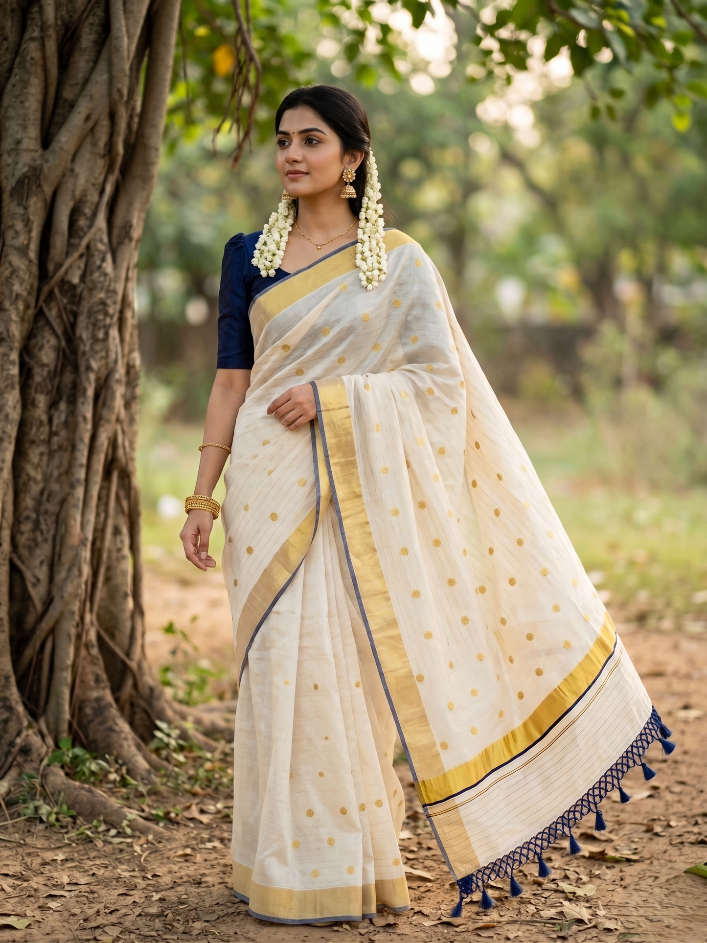 Southloom Kerala Tissue Kasavu Saree with Gold Polka Embroidery Works on Body in Navy Blue