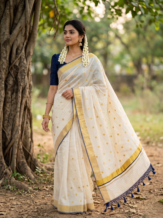 Southloom Kerala Tissue Kasavu Saree with Gold Polka Embroidery Works on Body in Navy Blue