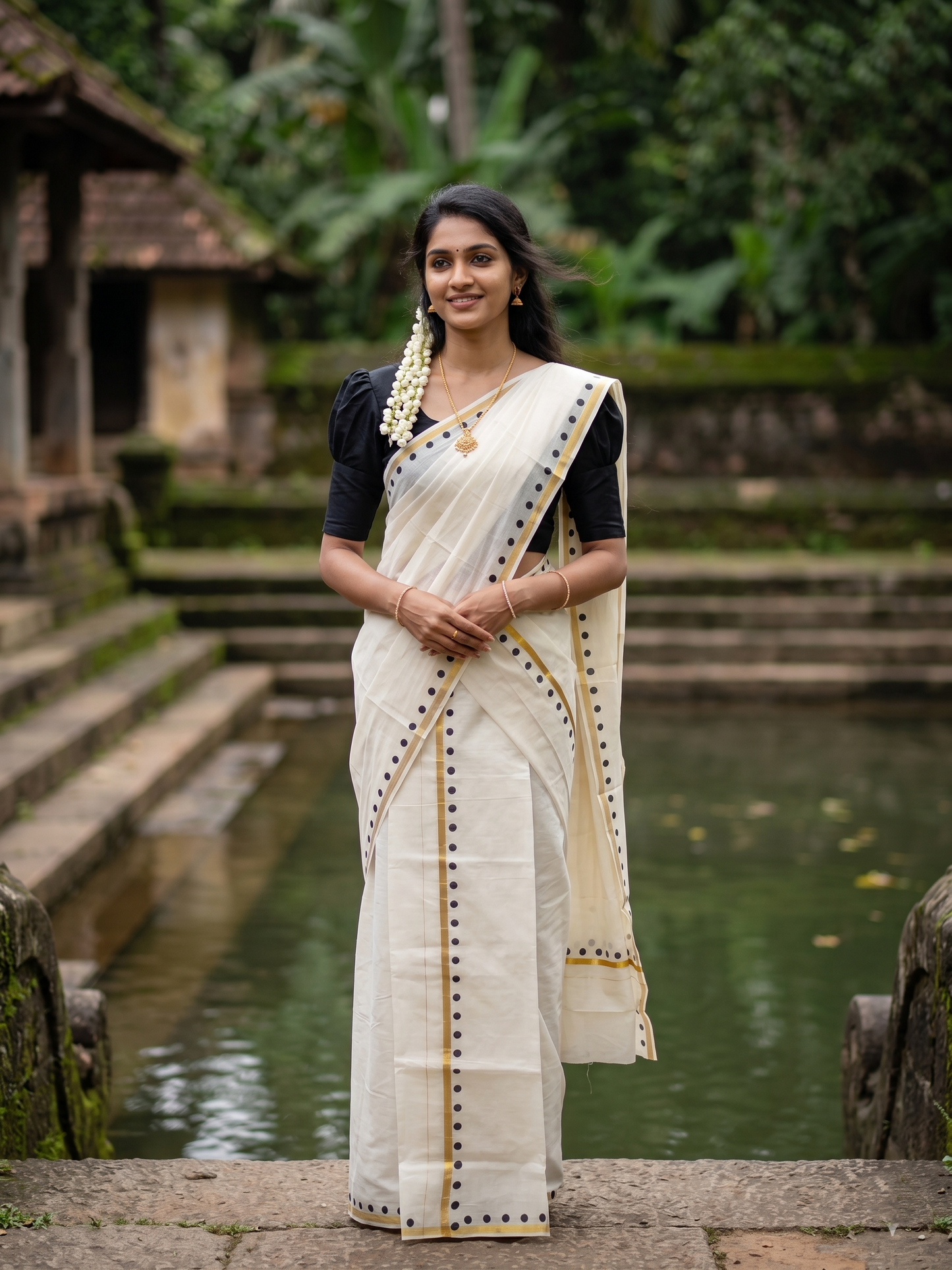 Southloom Pure Cotton Kerala Single Set Mundu (Mundum Neriyathum) with Polka Dots in Black 2.80 Mtrs
