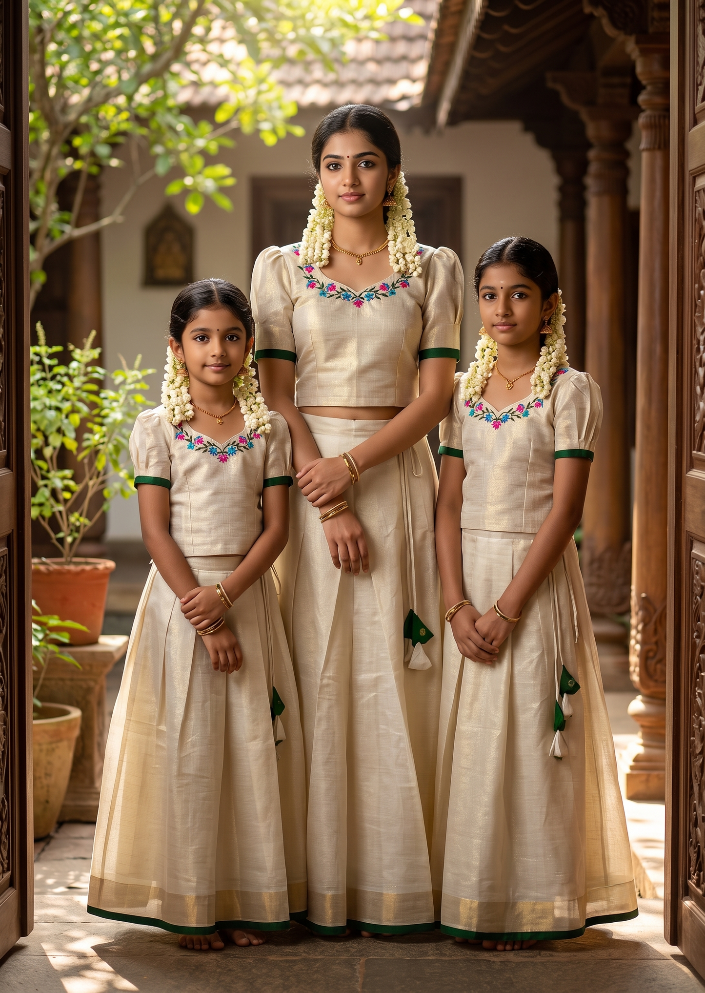 Southloom Kerala Tissue Kasavu Pavada Blouse with for Kids in Olive Green
