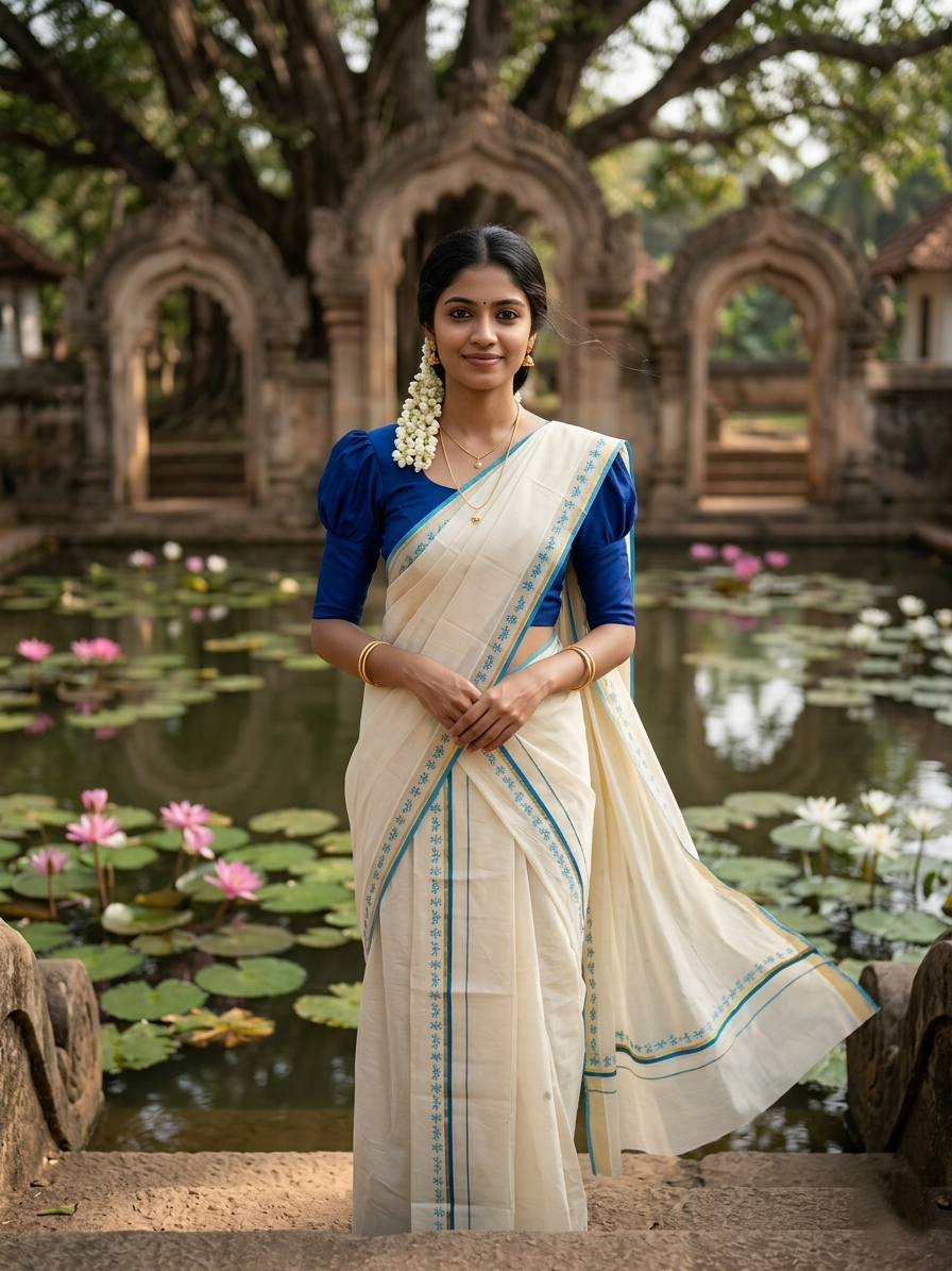 Southloom Pure Cotton Kerala Set Mundu (Mundum Neriyathum) Blue Border in 2.80 mtrs