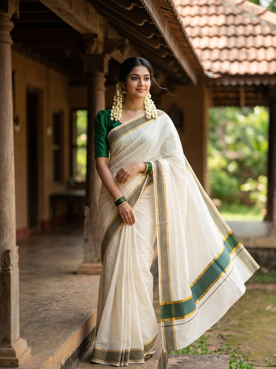 Southloom Kerala Kasavu Cotton Saree with Green Colour Paa Neythu Border