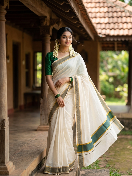 Southloom Kerala Kasavu Cotton Saree with Green Colour Paa Neythu Border