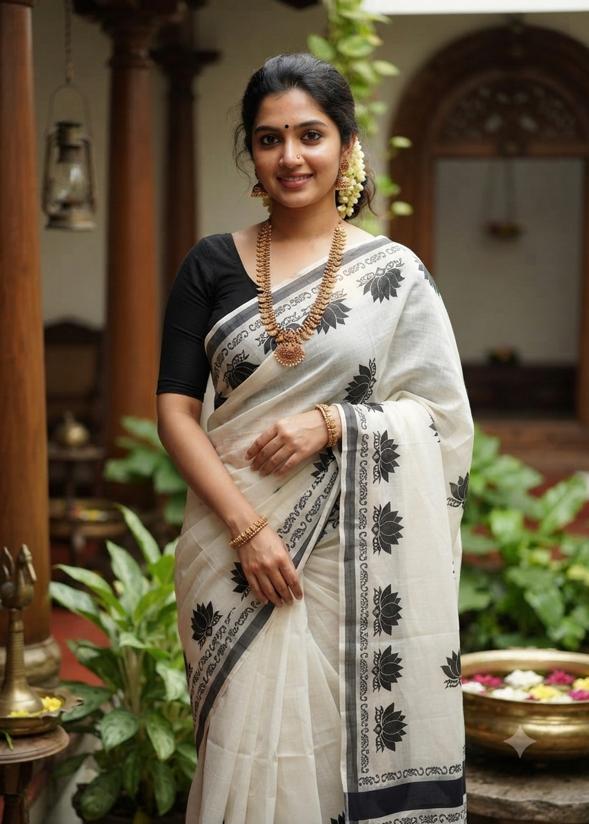 Southloom Kerala Cotton Lotus Printed Saree With Black and Silver Border SL530