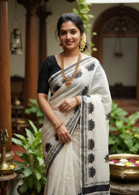Southloom Kerala Cotton Lotus Printed Saree With Black and Silver Border SL530