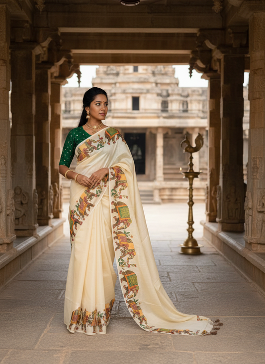 Southloom Kerala Tissue Kasavu Saree With Elephant Design on Borders