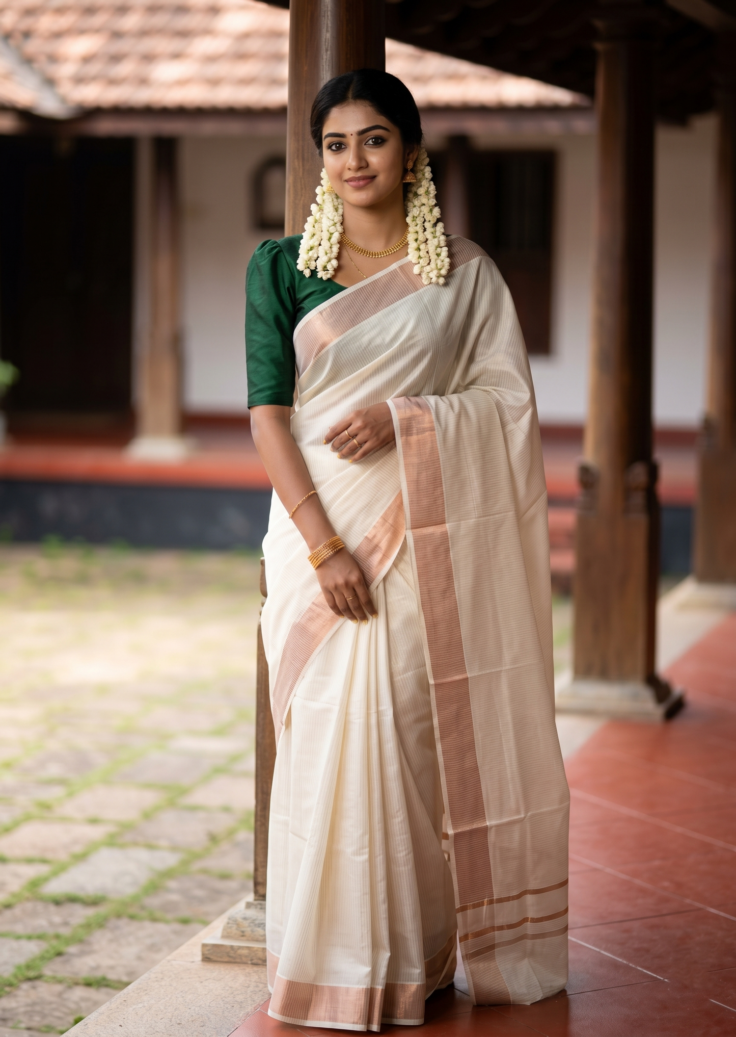 Southloom Kerala Pure Cotton Copper Kasavu Lines Design Saree