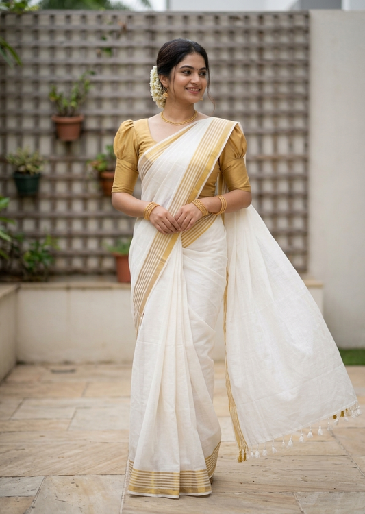 Southloom Mul Cotton 120 x 120 Soft Fabric Saree with Golden Border SL215