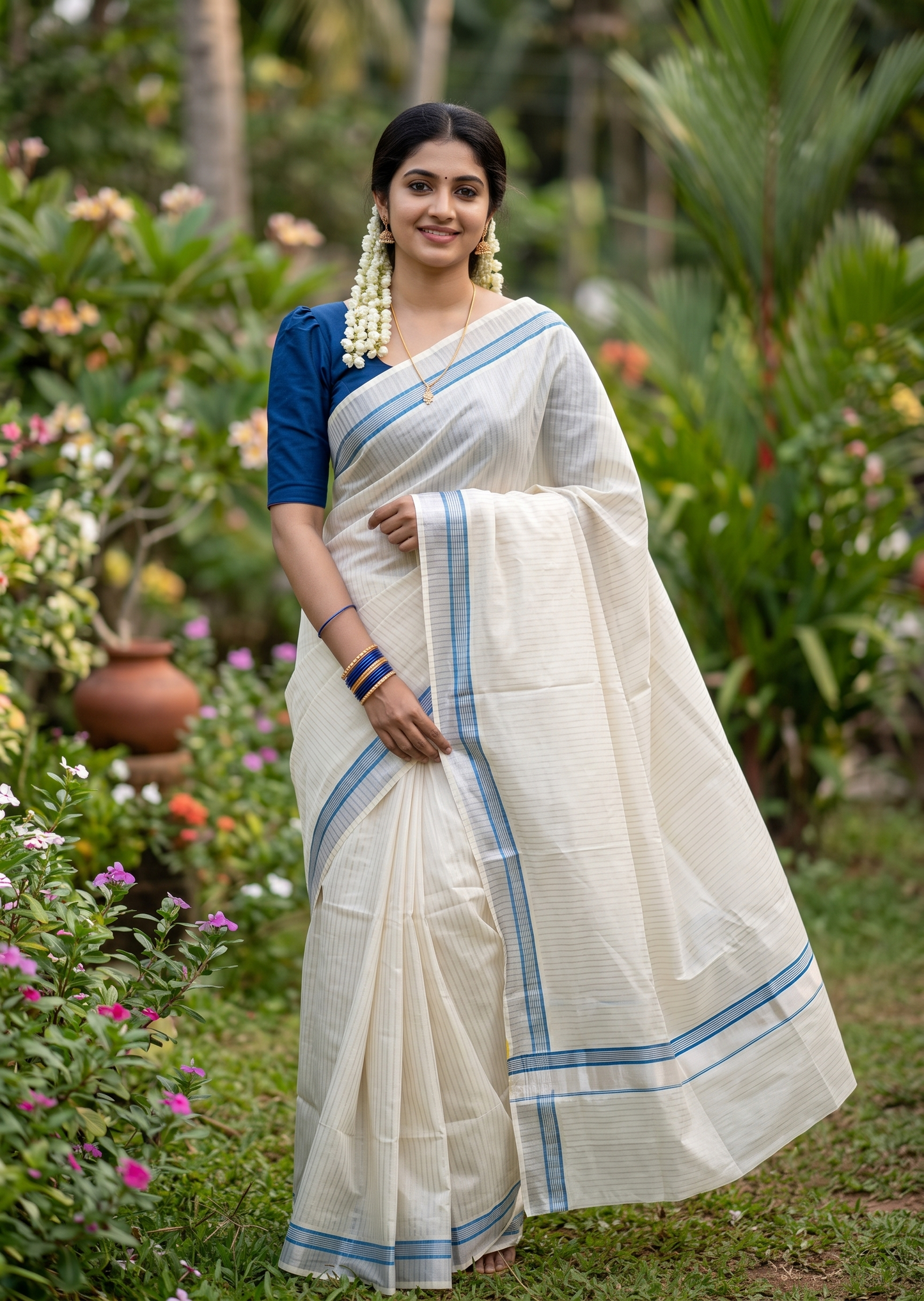 Southloom Pure Cotton Kerala Silver Kasavu Lines Saree with Blue and Silver Border