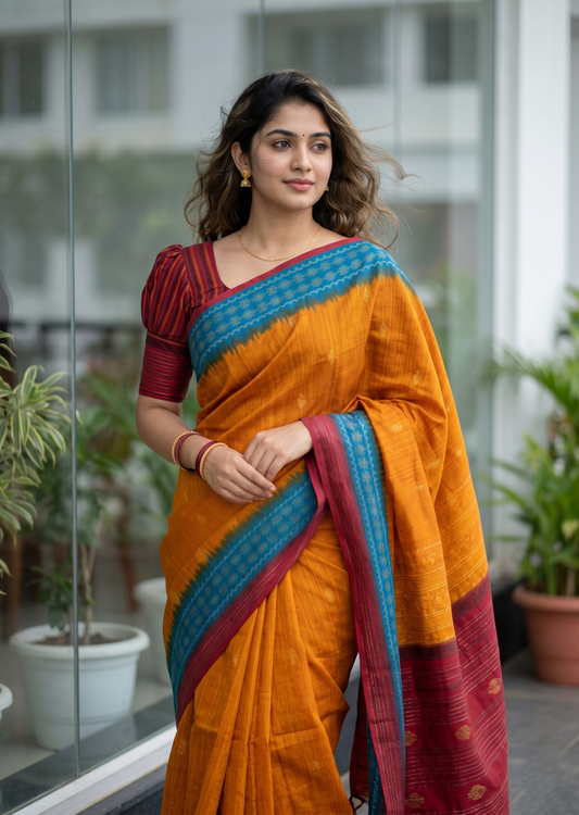 Southloom Muslin Cotton Saree With Floral Prints on the Body and Borders