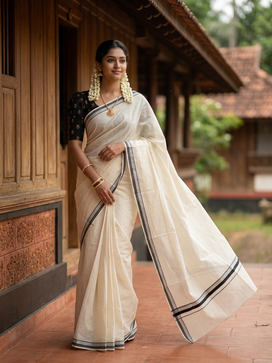 Kerala Pure Cotton Plain Saree with Silver Kasavu and Black Border