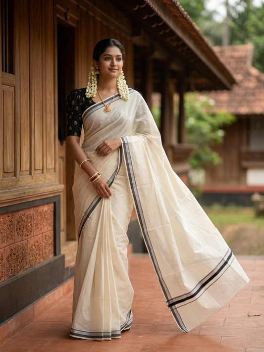 Kerala Pure Cotton Plain Saree with Silver Kasavu and Black Border