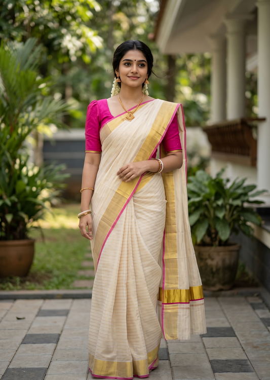 Southloom Kerala Tissue Kasavu Saree with Stripes on Body In Pink Border