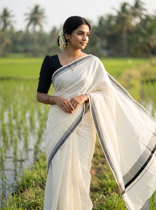 Pure Cotton Off White Kerala Saree with Black Shaded Border