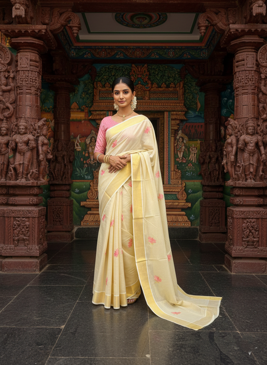 Southloom Tissue Kerala Saree With Lotus Pink and Gold Embroidery