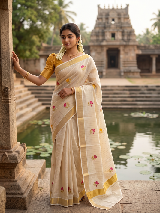 Southloom Kerala Tissue Kasavu Line Saree with Pink&Yellow Floral Embroidery Works