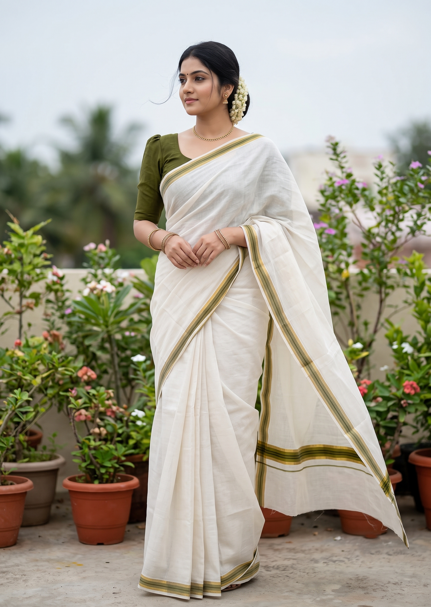 Kerala Pure Cotton Plain Saree with Kasavu and OliveGreen Border